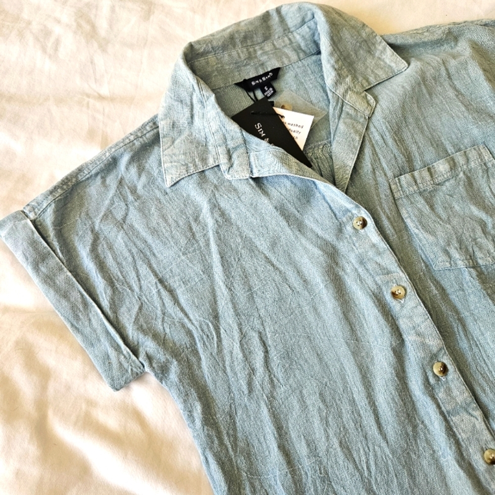 NWT SIM & SAM SHORT SLEEVE DENIM BUTTON UP SHIRT
